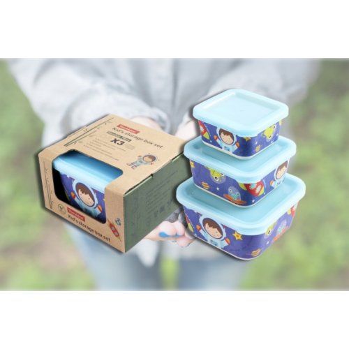 Yookidoo ชุดกล่องใส่อาหารใยไผ่ 3 ใบ, สี: ฟ้า