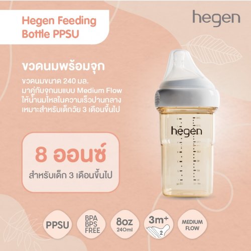 ขวดนม Hegen ขนาด 8 ออนซ์ / 240 มล. พร้อมจุกนม Medium Flow น้ำนมไหลปานกลาง